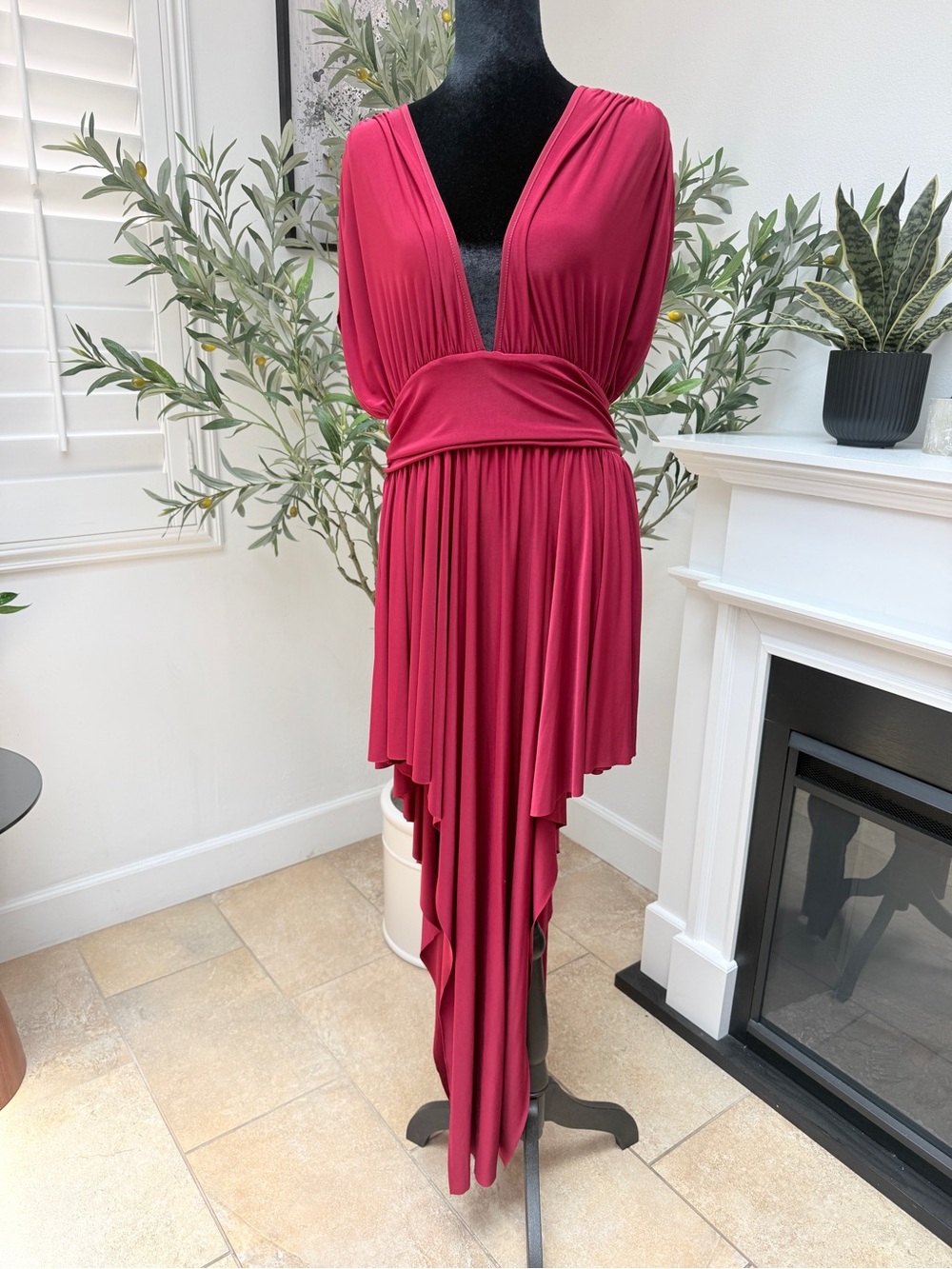 Women’s Deep V High-Low Burgundy Dress